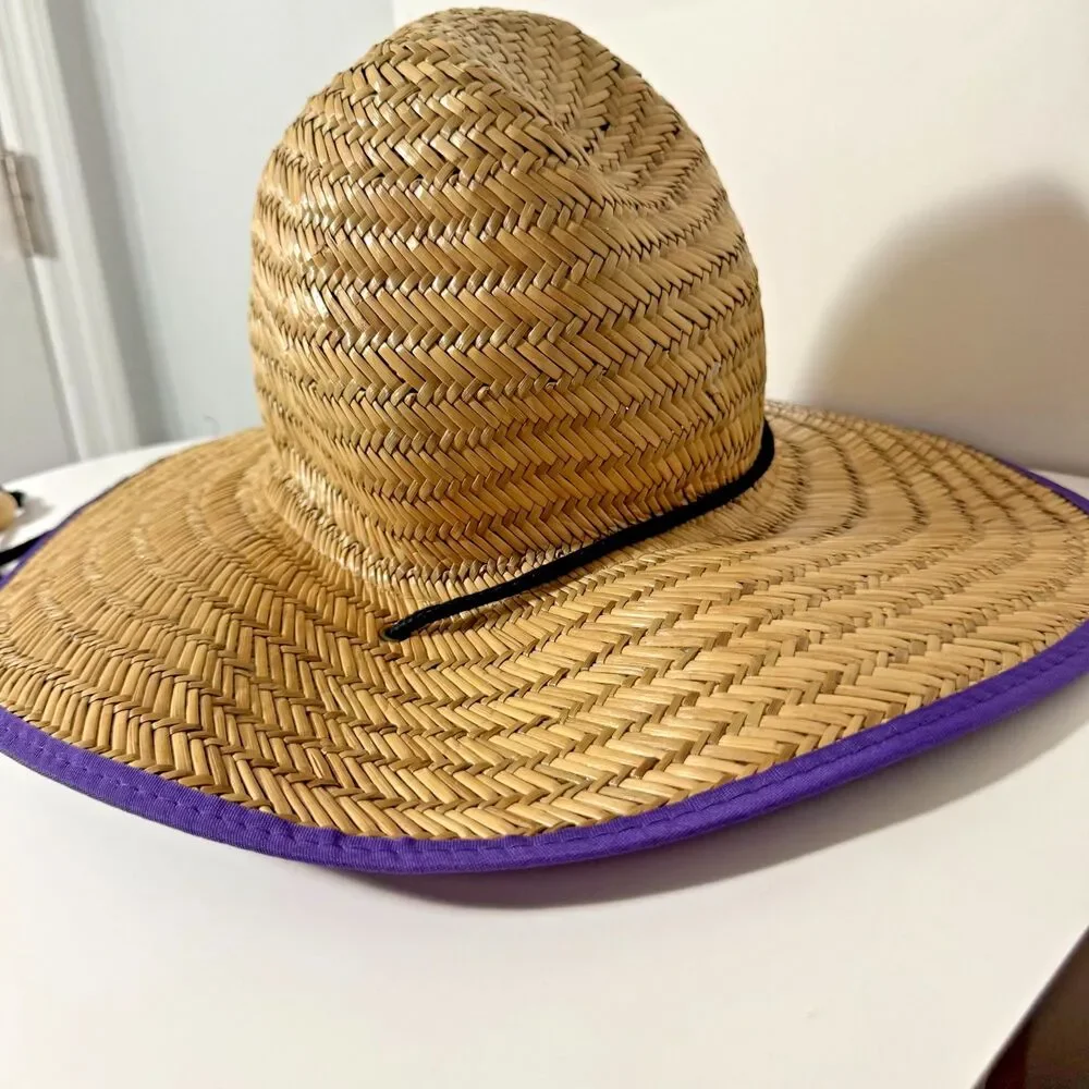 Straw Lifeguard Hat Wide Brim Beach Sun Hat Purple Trim Adjustable Strap (Women)